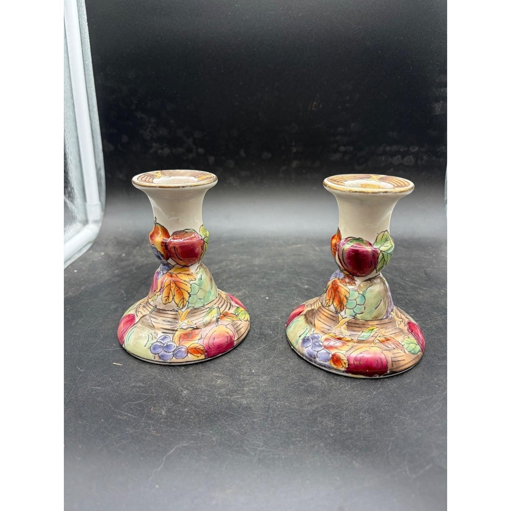 Vintage Ceramic Fruit Harvest Candlestick Holders Pair Hand Painted Decorative